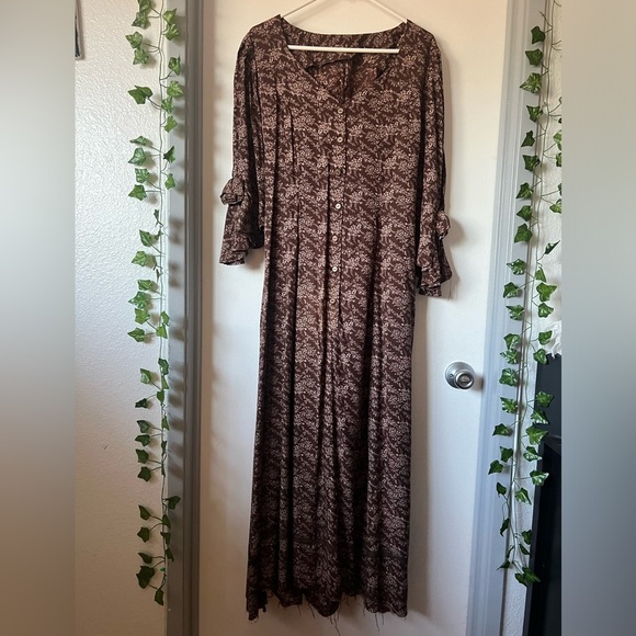 Handmade women’s floral rosette button down prairie dress in brown cream Size 14 - Picture 7 of 13